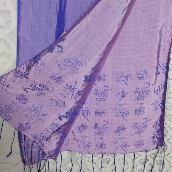 100% Silk Scarf Rectangle Pink Purple Blue Tassels Color Shift 68"×17" - Picture 2 of 7